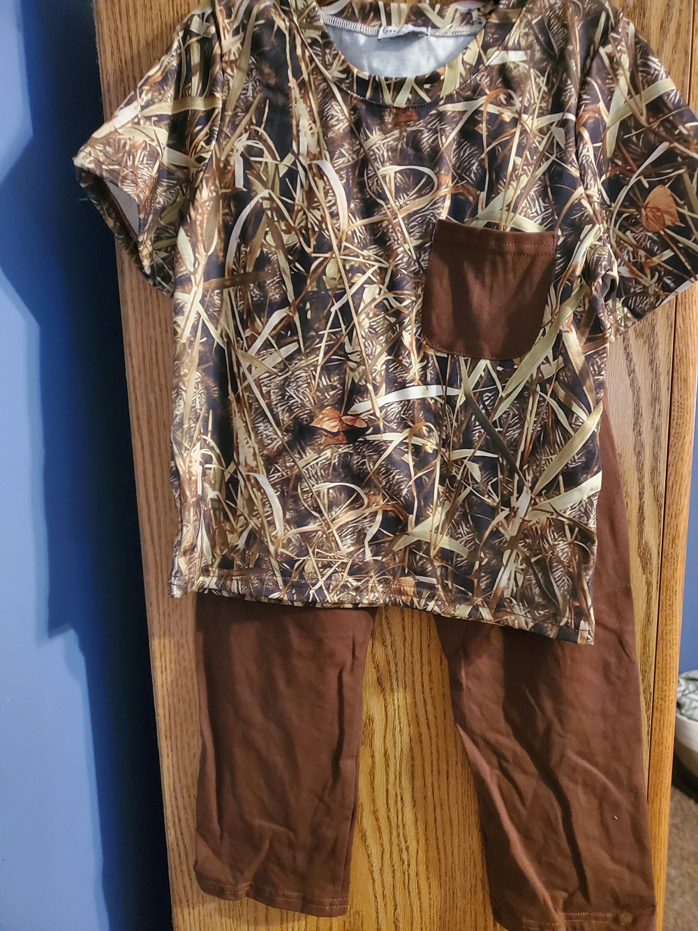 Kids Brown Camo Short Sleeve Pant Set with Solid Pocket